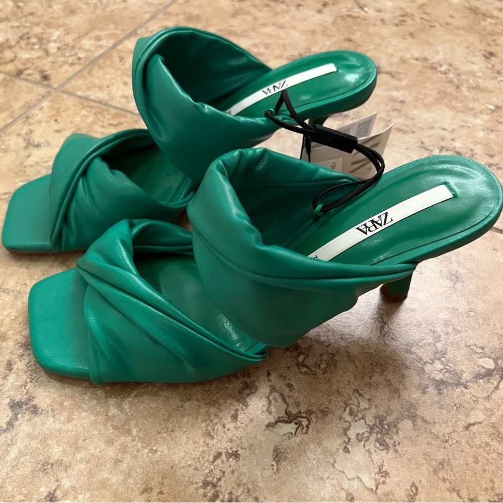 Zara Ruched Double Strap Sandals Green